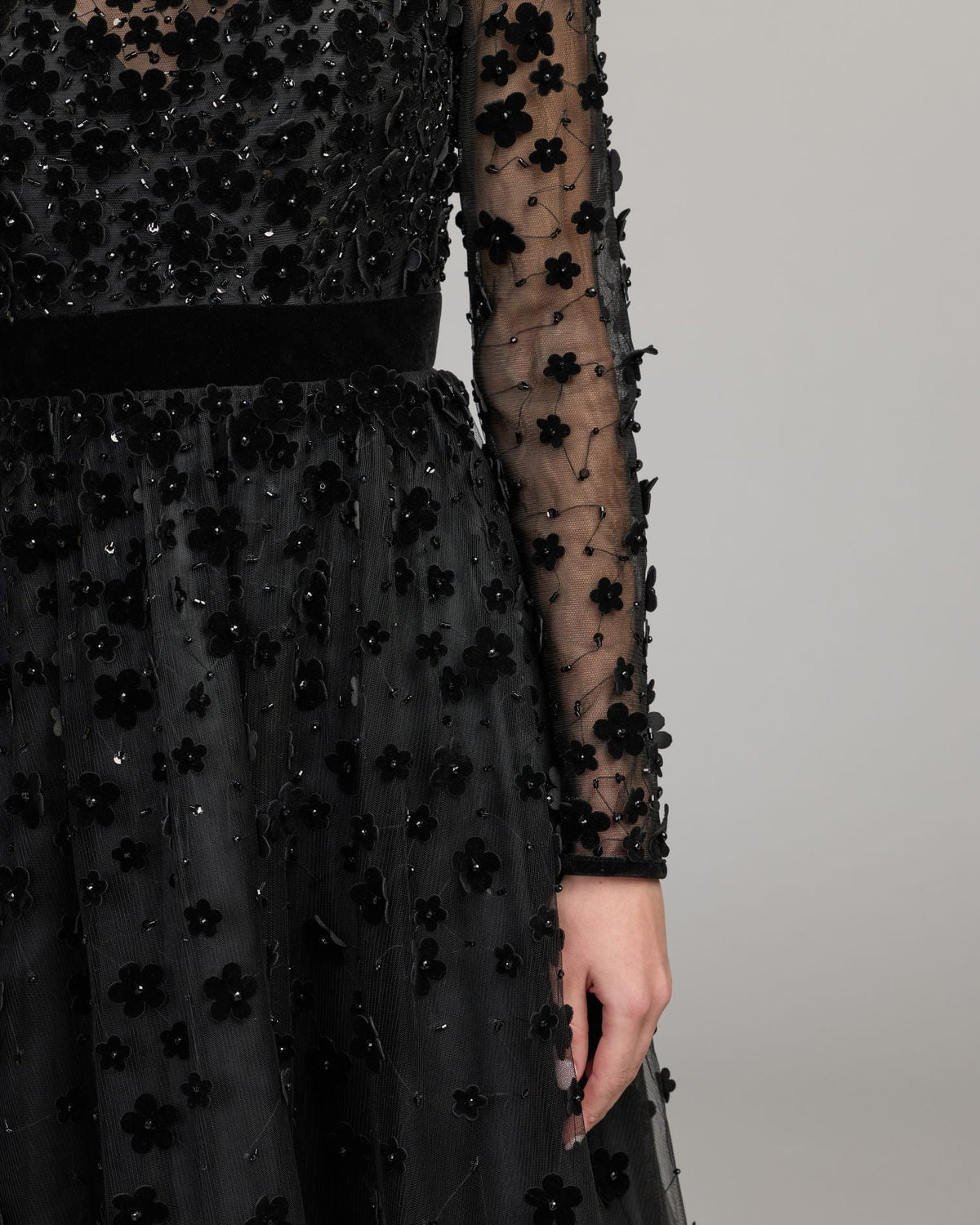 Black Velvet Floral Appliqué Midi Dress
