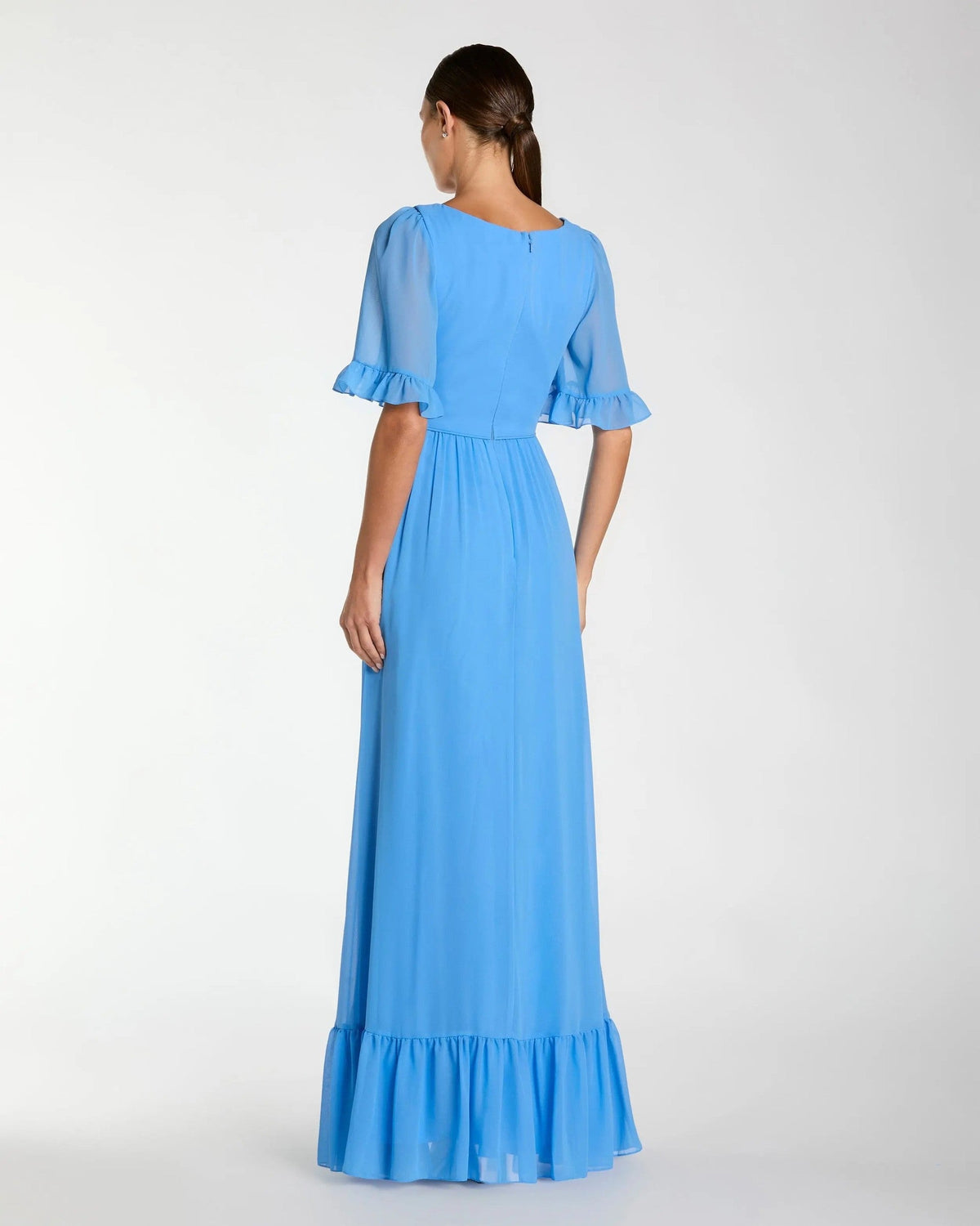 Fusion Blue Faux Wrap Ruffle Trim A-Line Gown