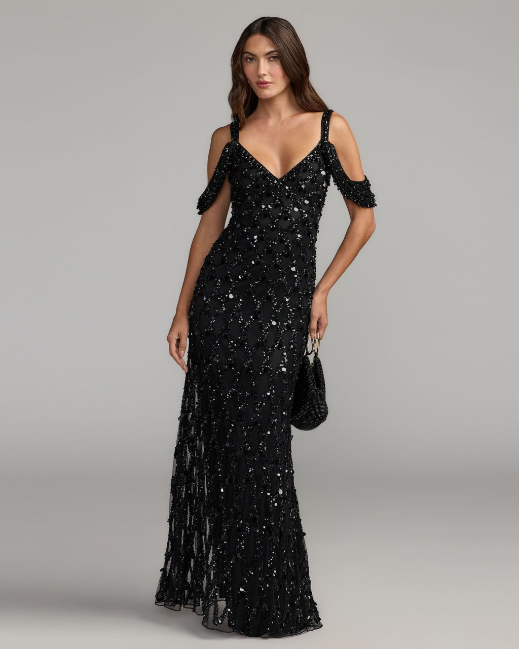 Black Sequin Embellished V-Neck Gown