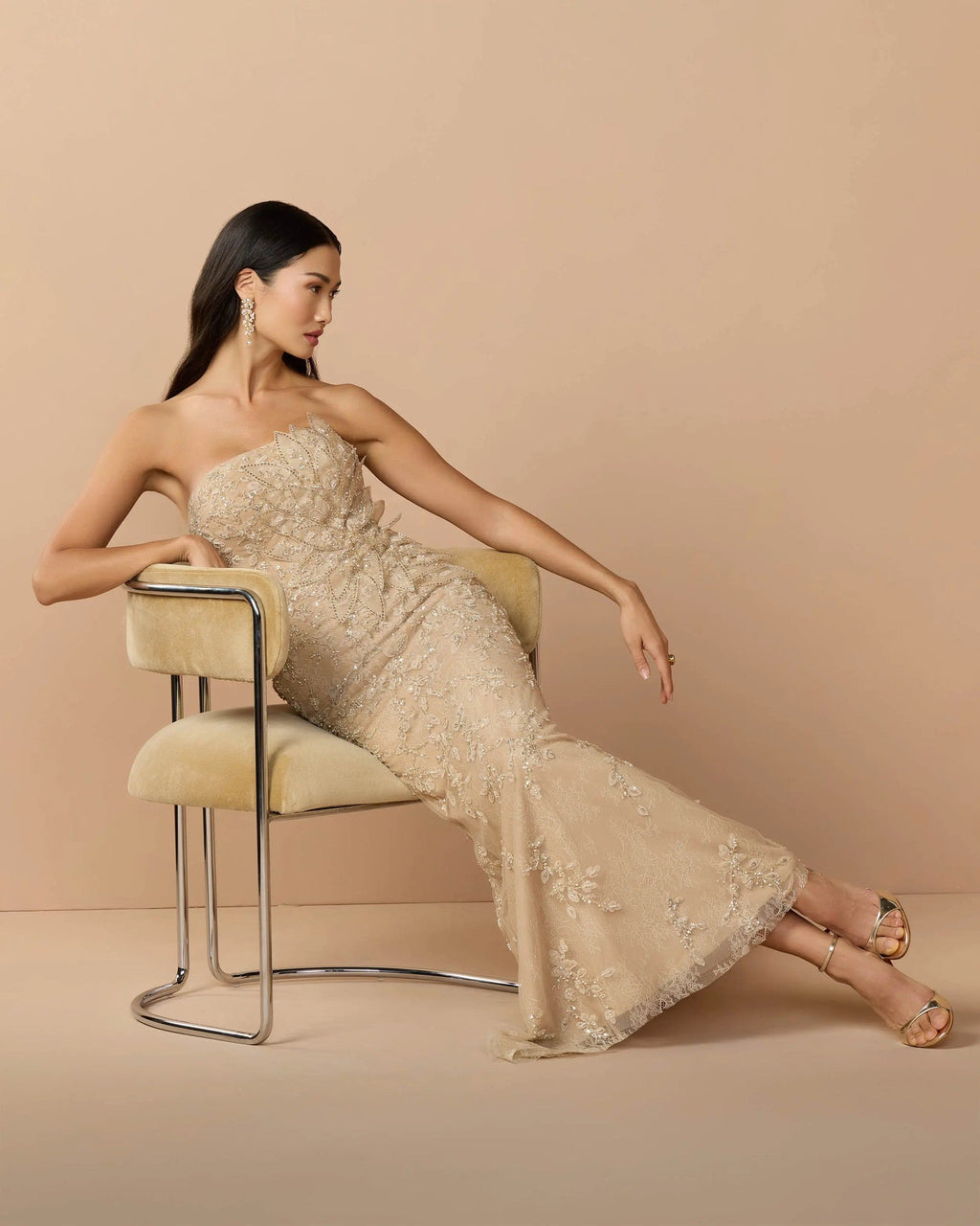 Gold Strapless Embellished Lace Gown With 3D Flower