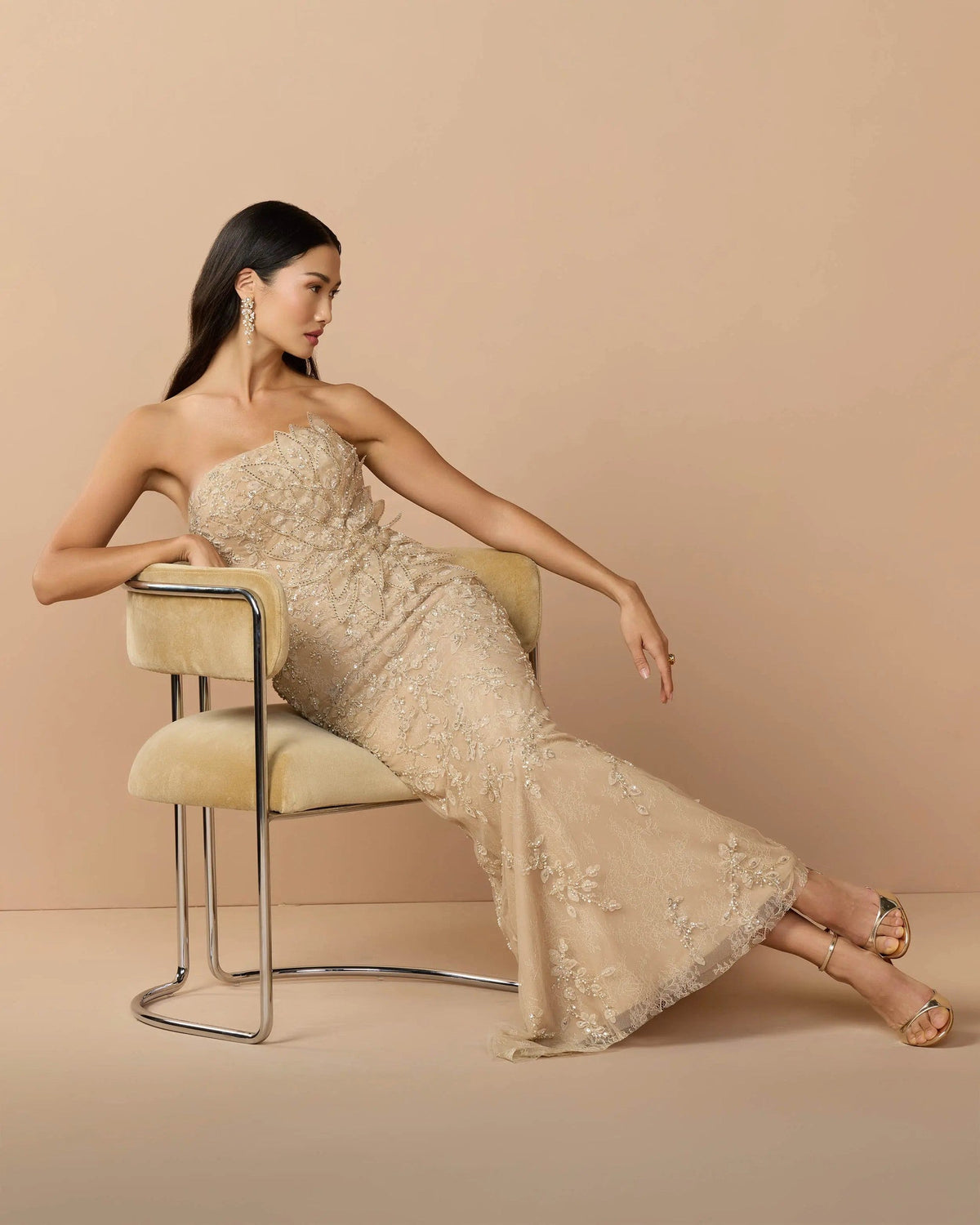 Gold Strapless Embellished Lace Gown With 3D Flower