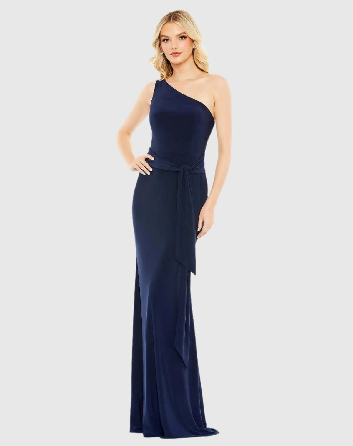 Jersey One Shoulder Belted Trumpet Gown