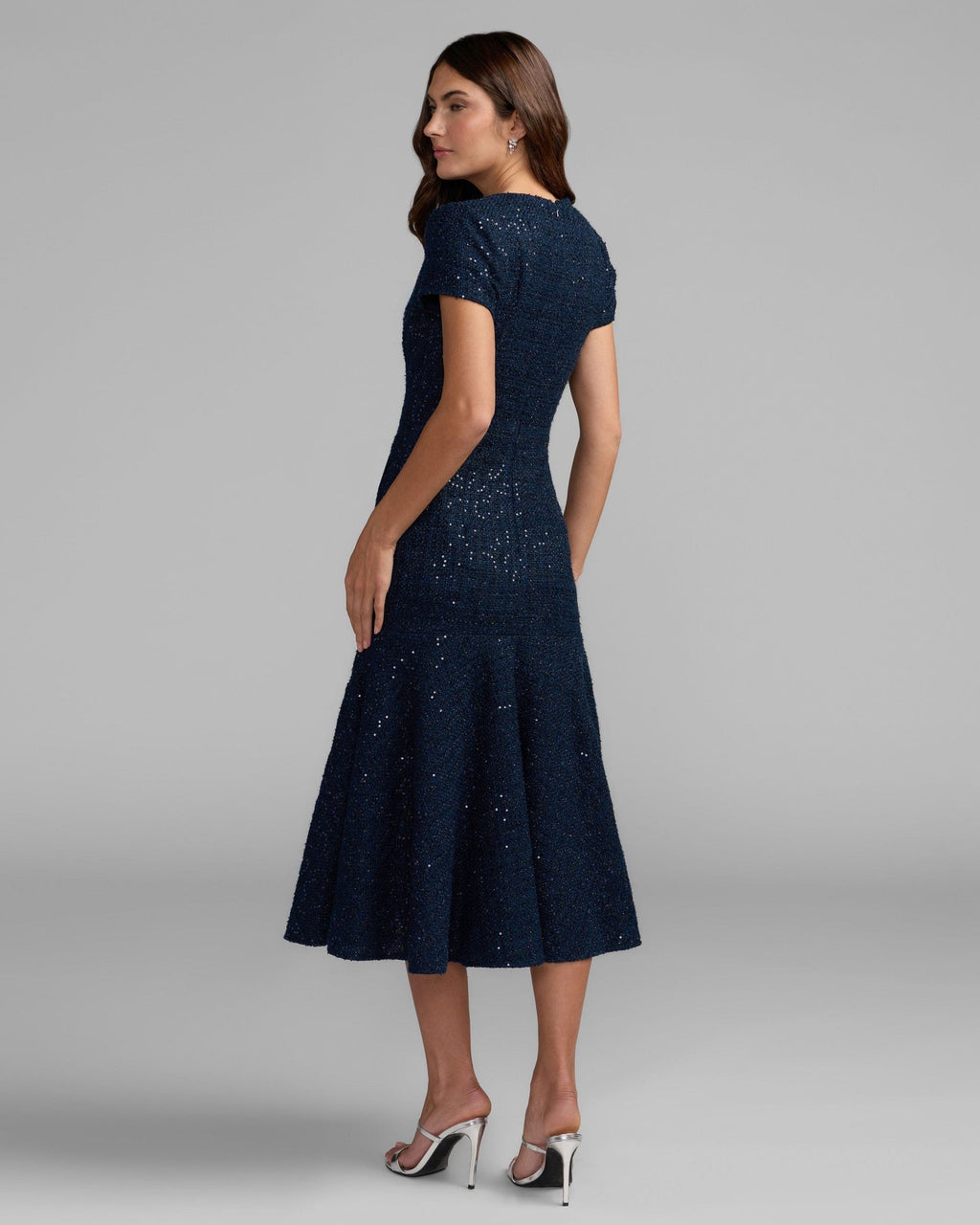 Midnight High Neck Short Sleeve Boucle Midi Dress