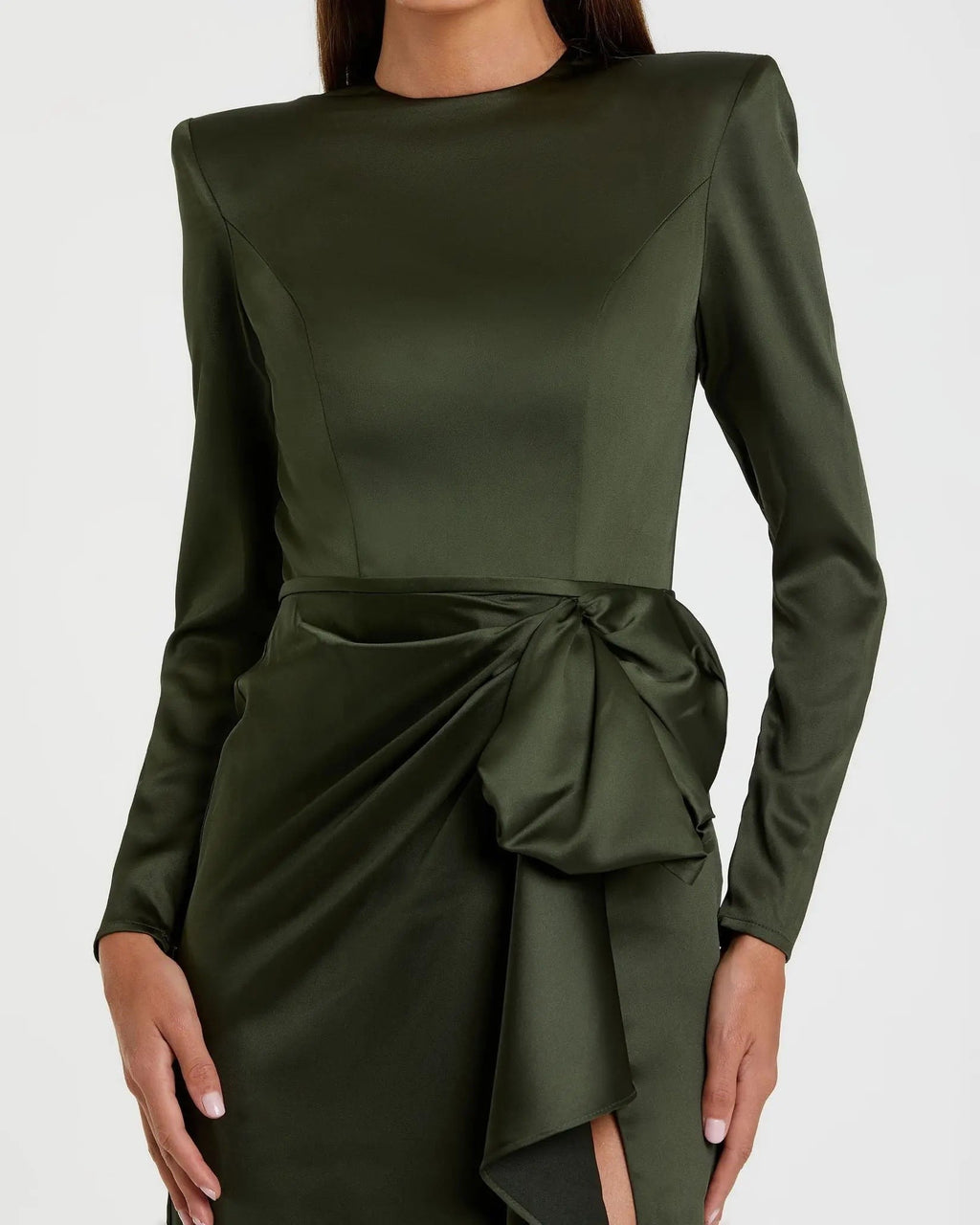Olive Green Long Sleeve Satin Structured Column Gown