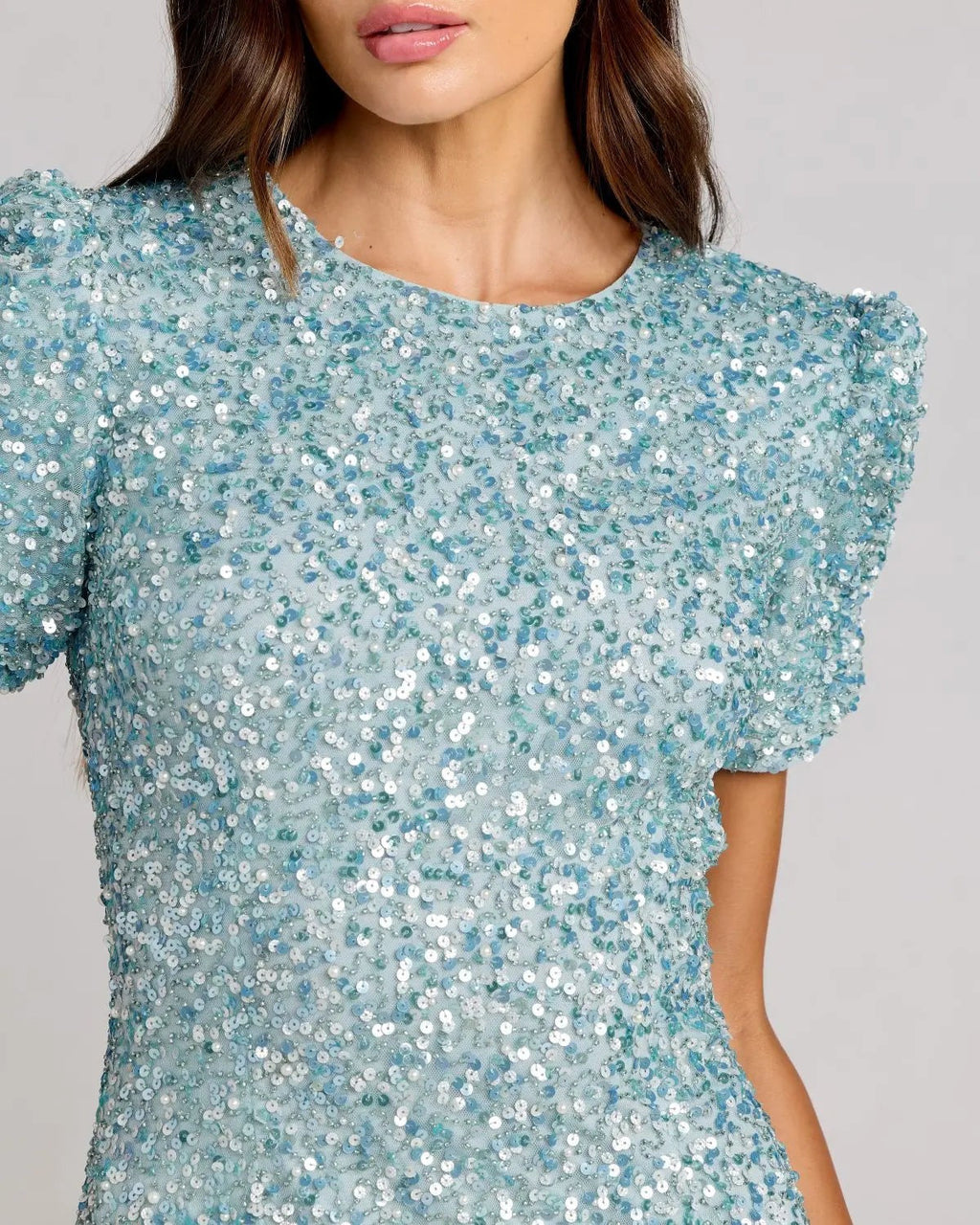 Powder Blue Gathered Short Sleeve Embellished Gown
