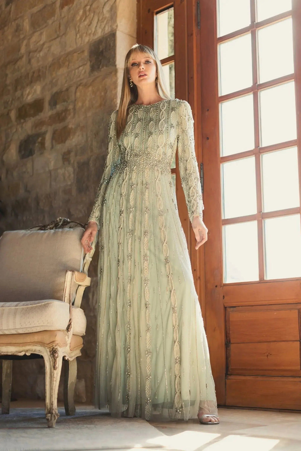 Nude Sage Embellished Long Sleeve A-Line Gown