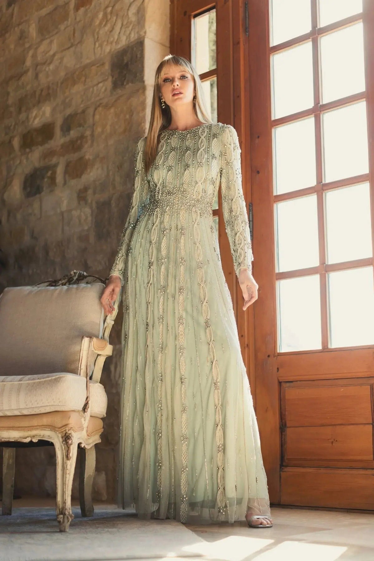 Nude Sage Embellished Long Sleeve A-Line Gown