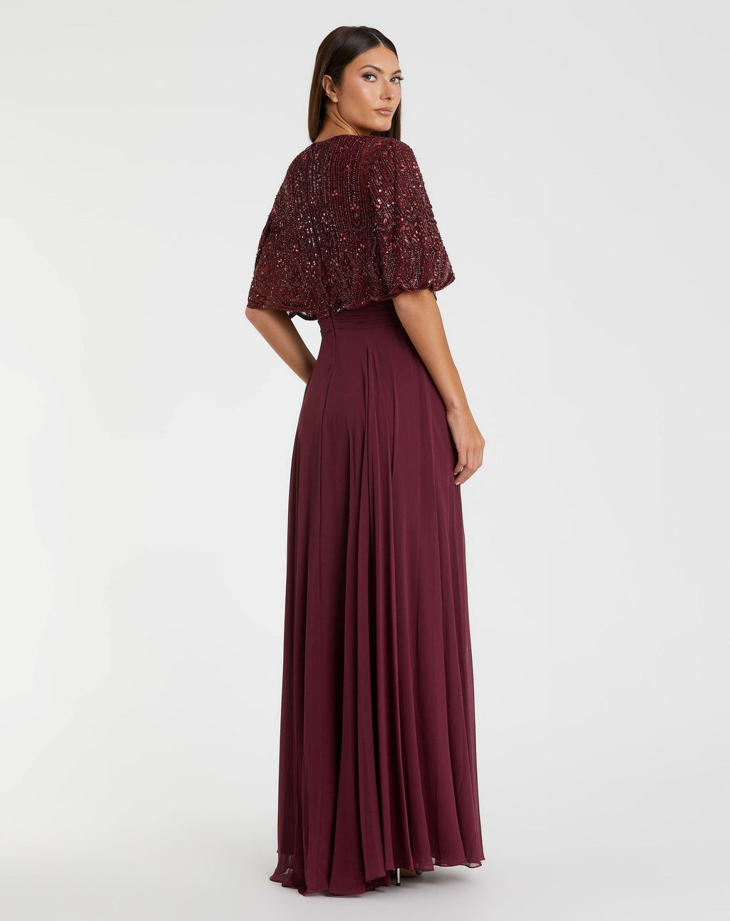 Red Beaded Cape A-Line Gown