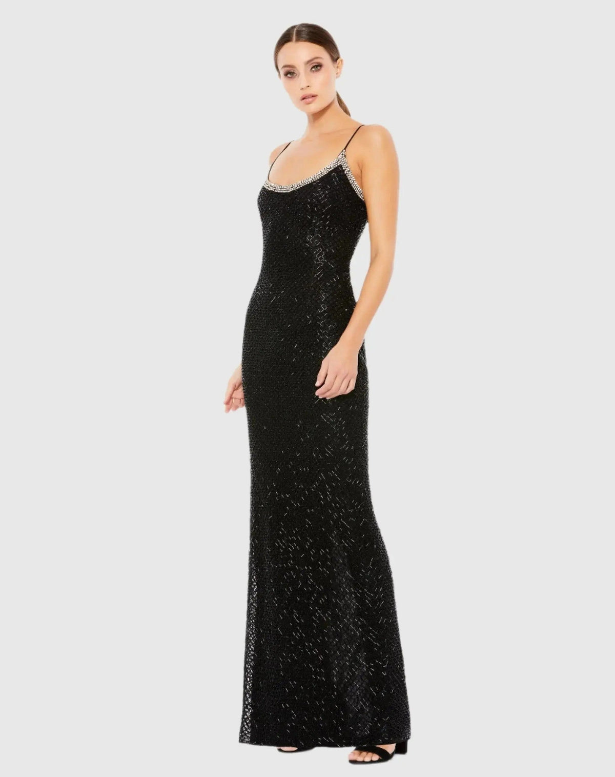 Black Beaded Spaghetti Strap Column Gown