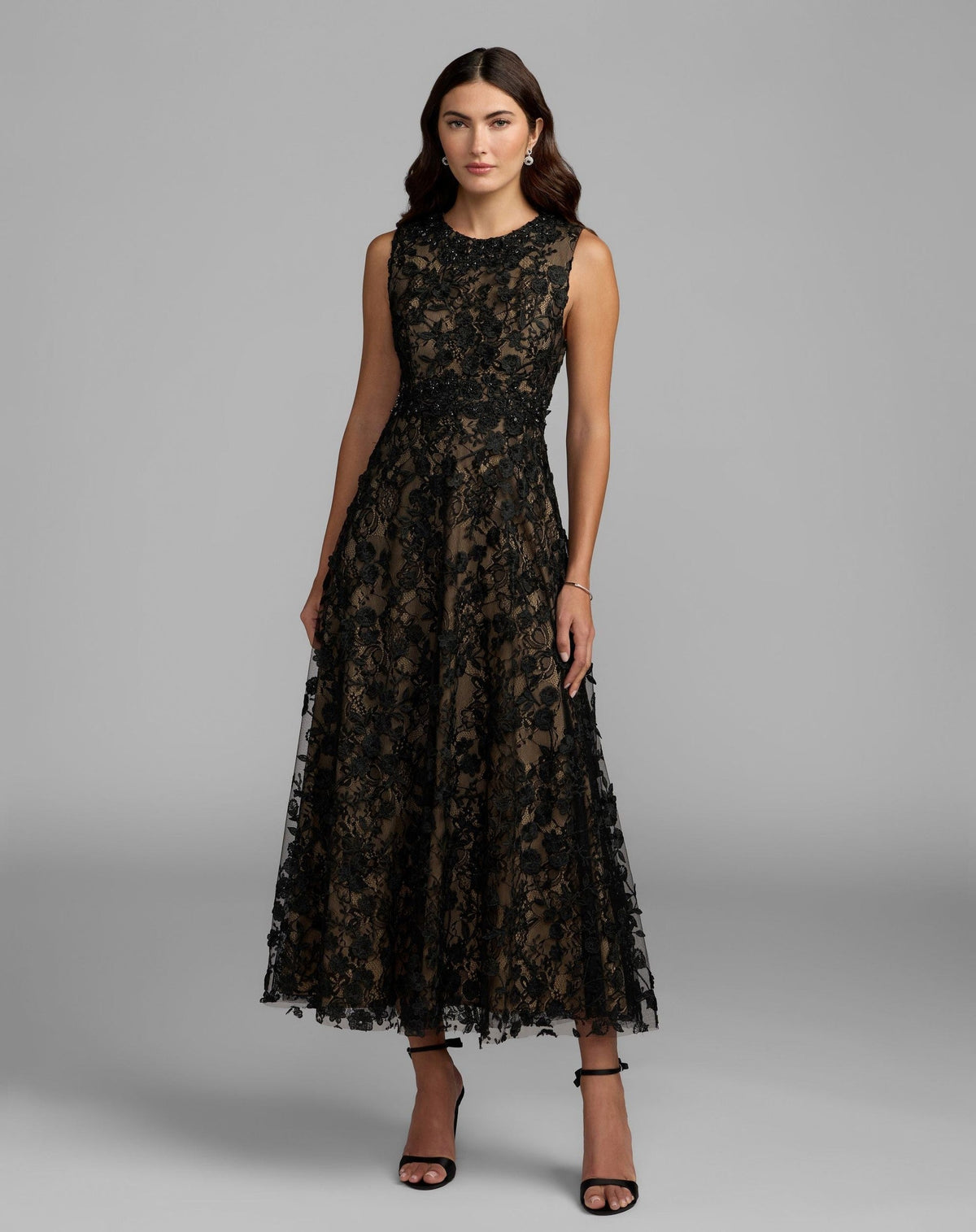 Black Nude Floral Embroidered High Neck Midi Dress
