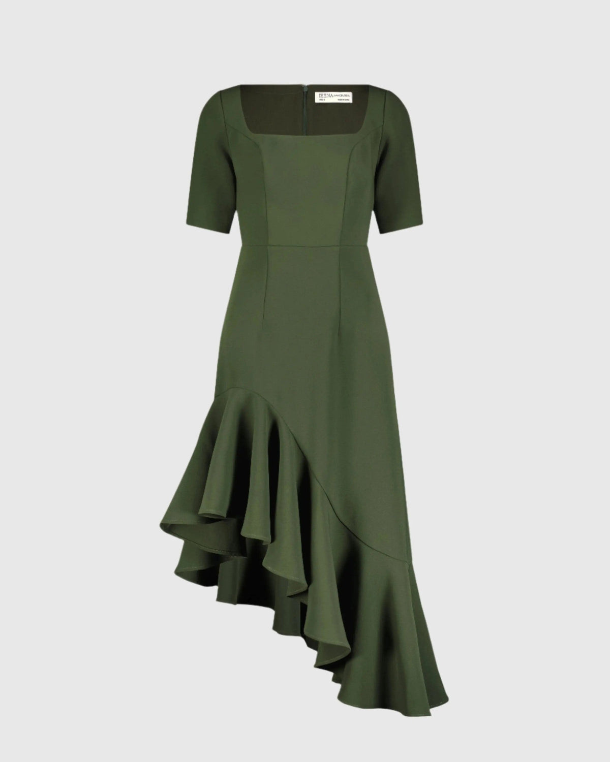 Dark Green Crepe 3/4 Sleeve Asymmetrical Hem Dress - FINAL SALE