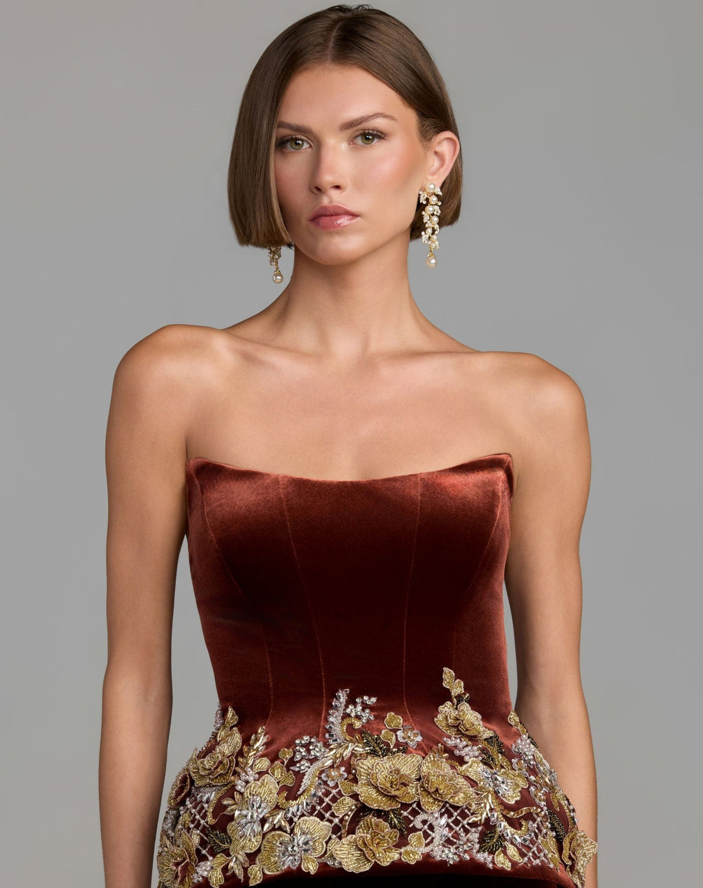 Cognac Strapless Embellished Velvet Peplum Gown