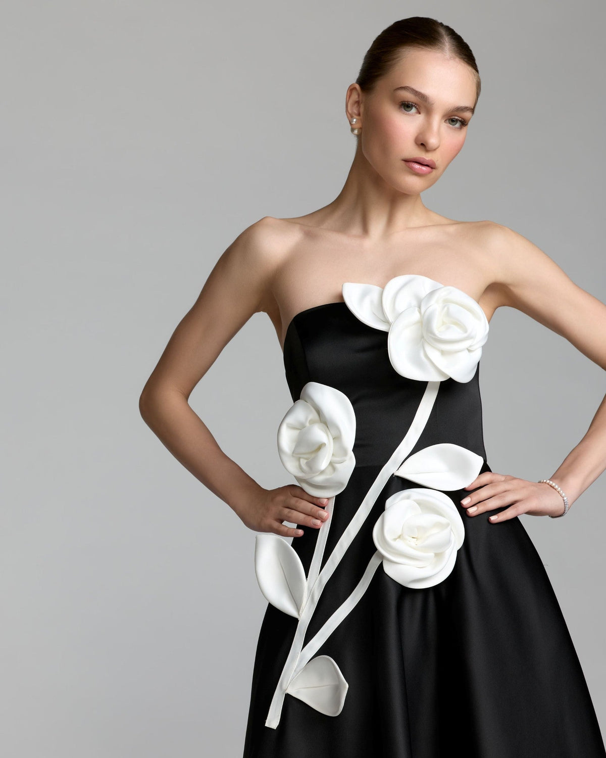 Black Ivory Strapless Satin A-Line Dress With 3D Flowers
