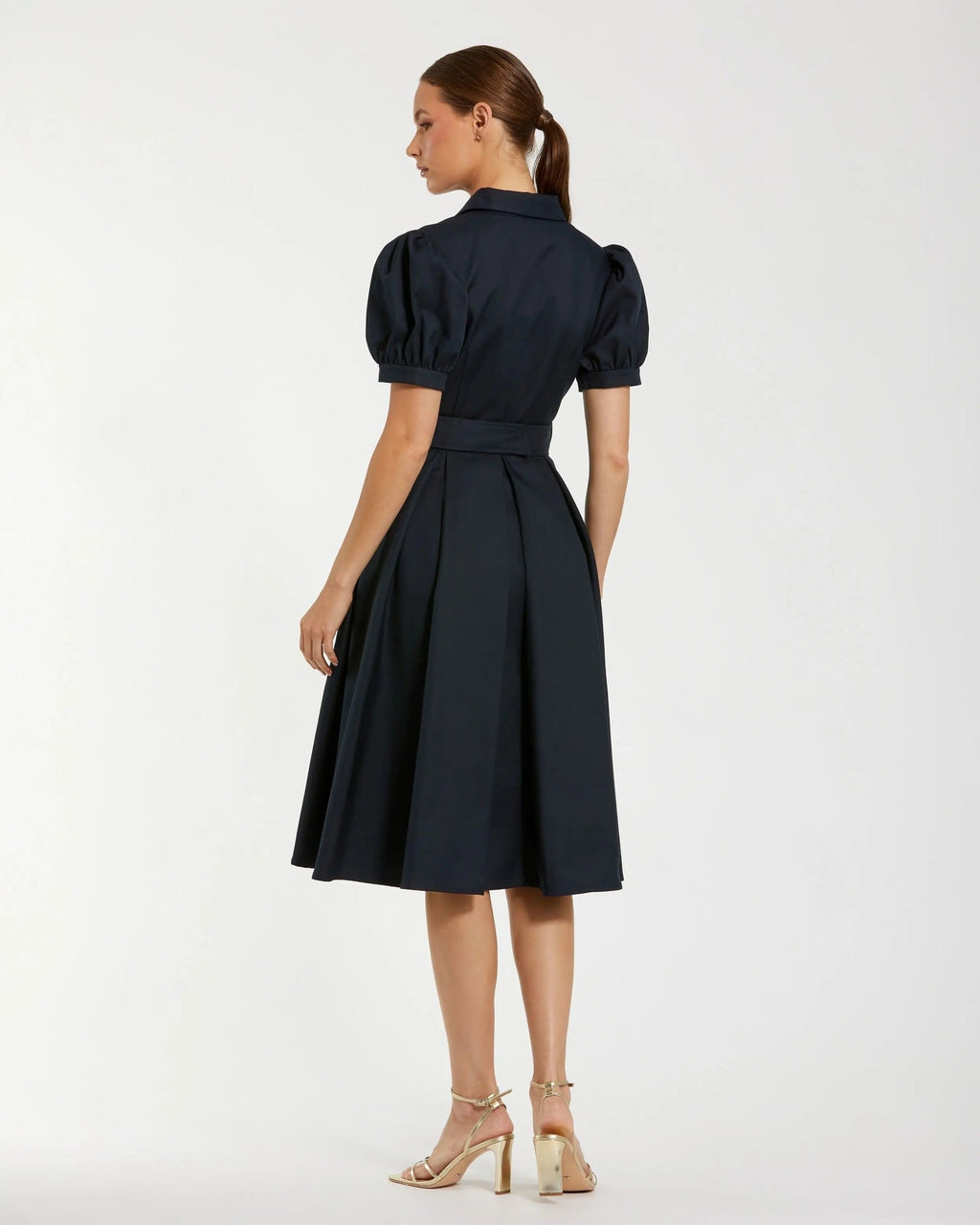 Midnight Puff Sleeve Belted Midi Shirt Dress