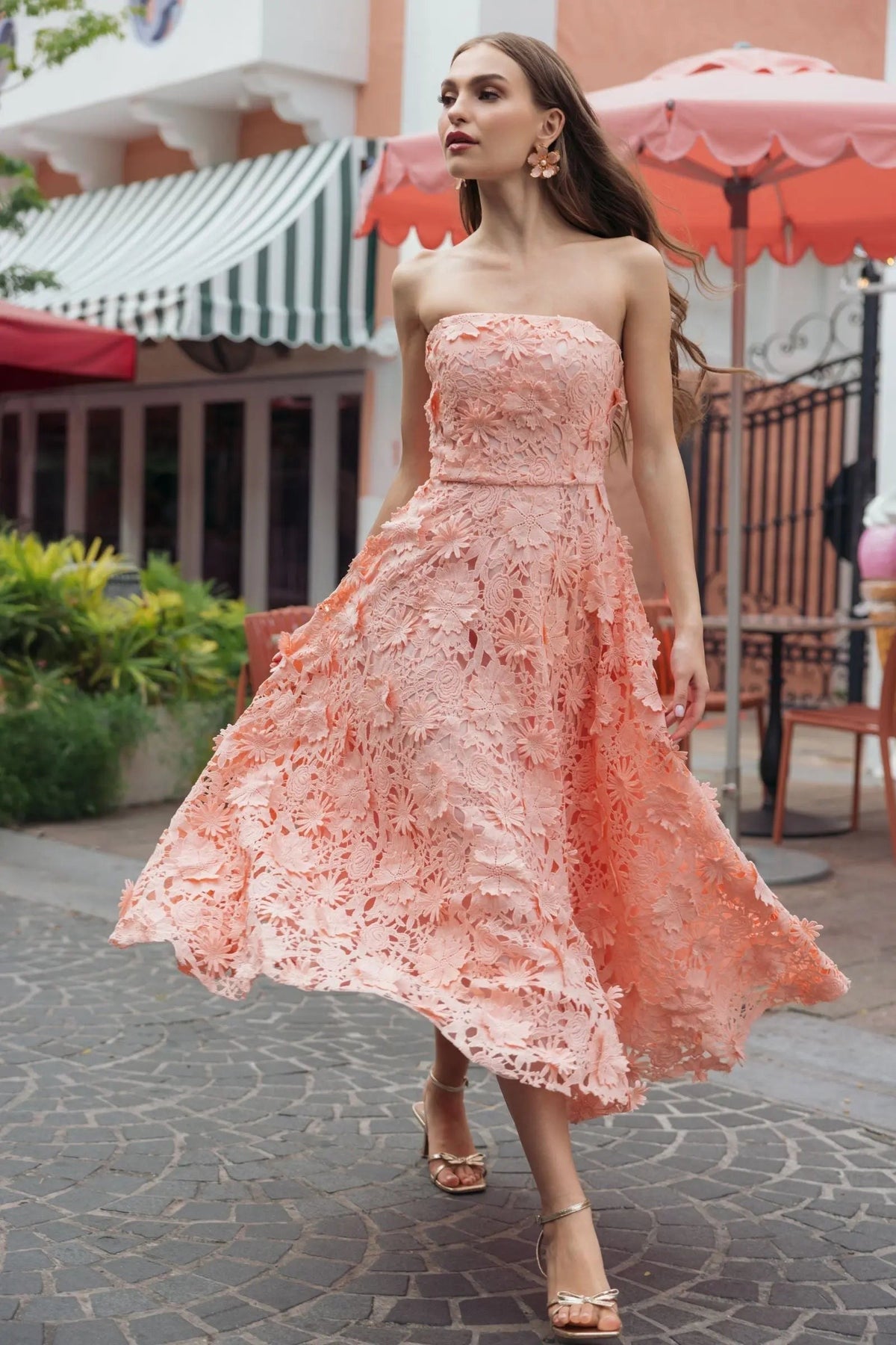 Blush Strapless Floral Embroidered Lace A-Line Dress