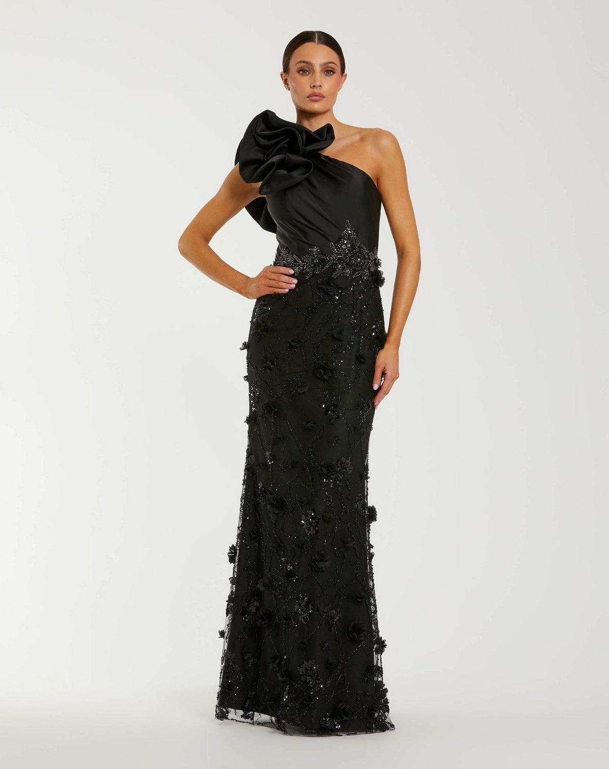 Black Ruffle One Shoulder Embellished Evening Gown