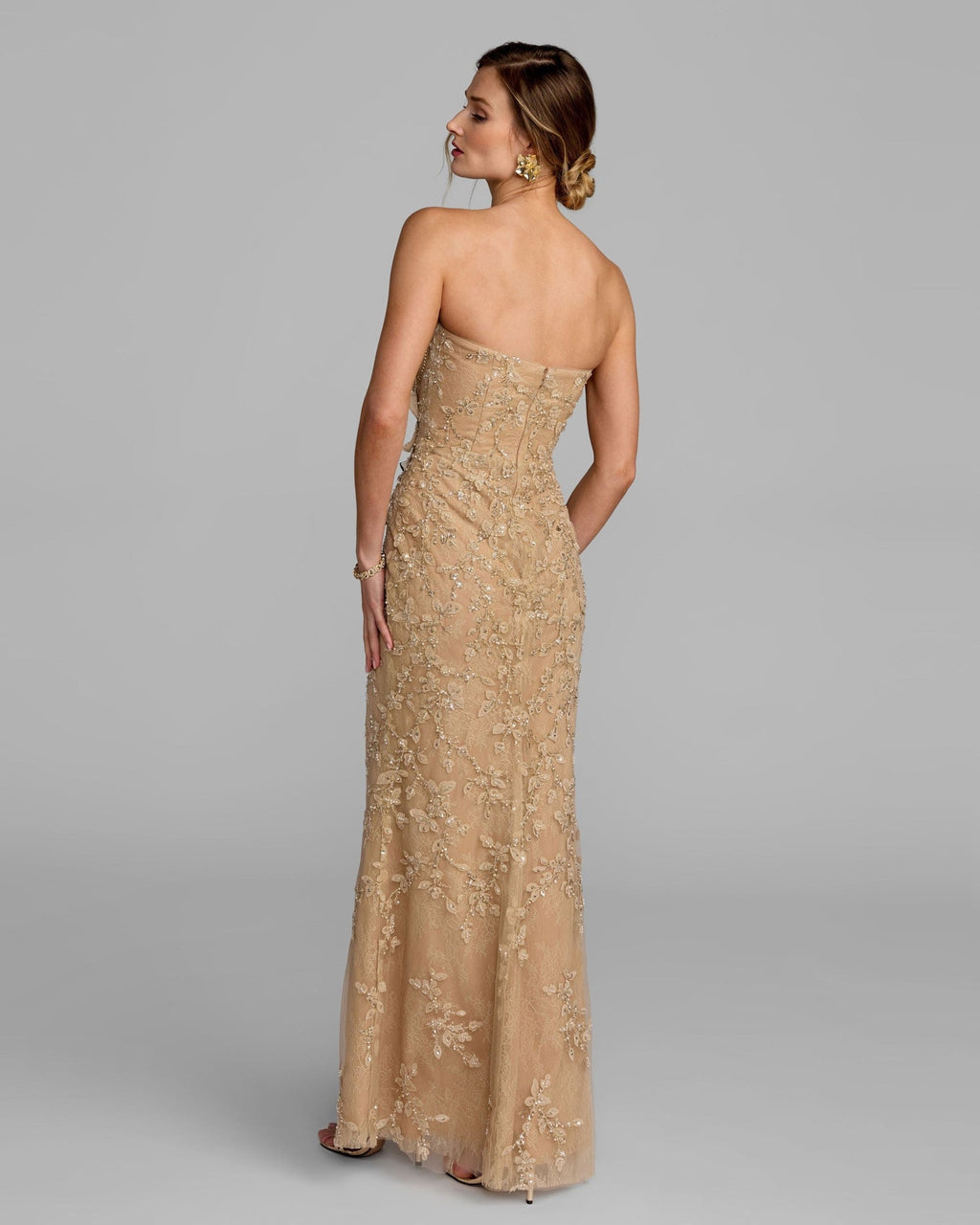Gold Strapless Embellished Lace Gown With 3D Flower