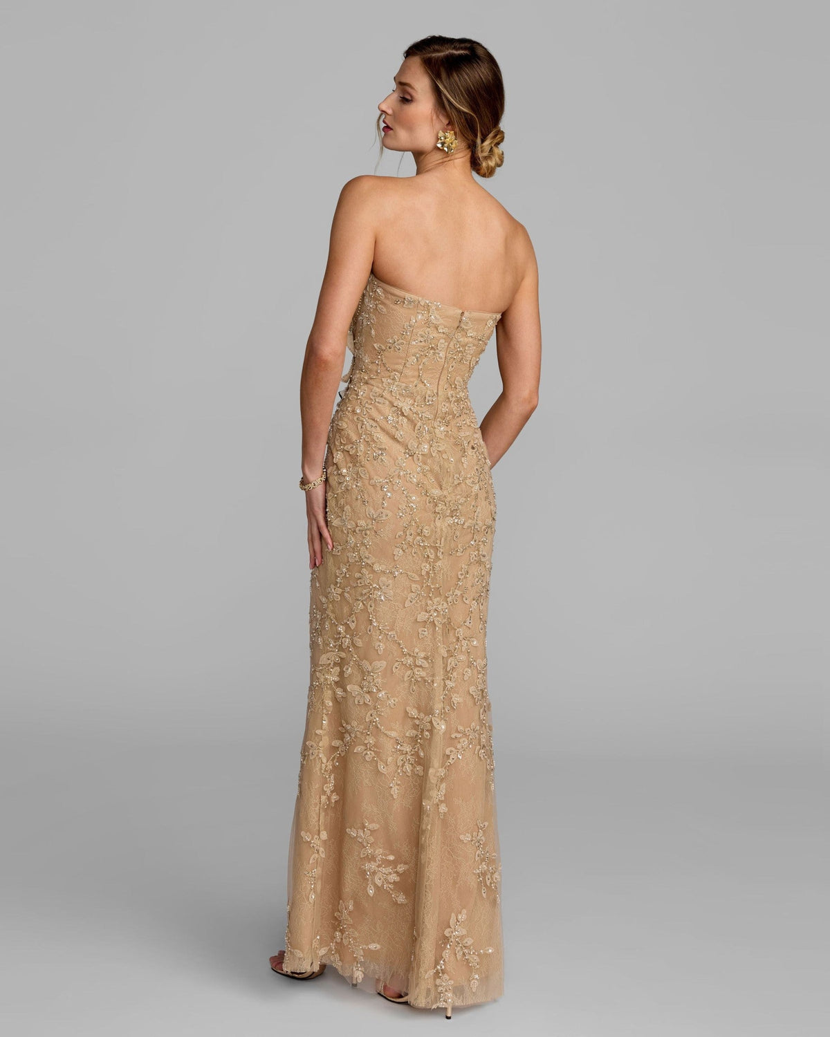 Gold Strapless Embellished Lace Gown With 3D Flower