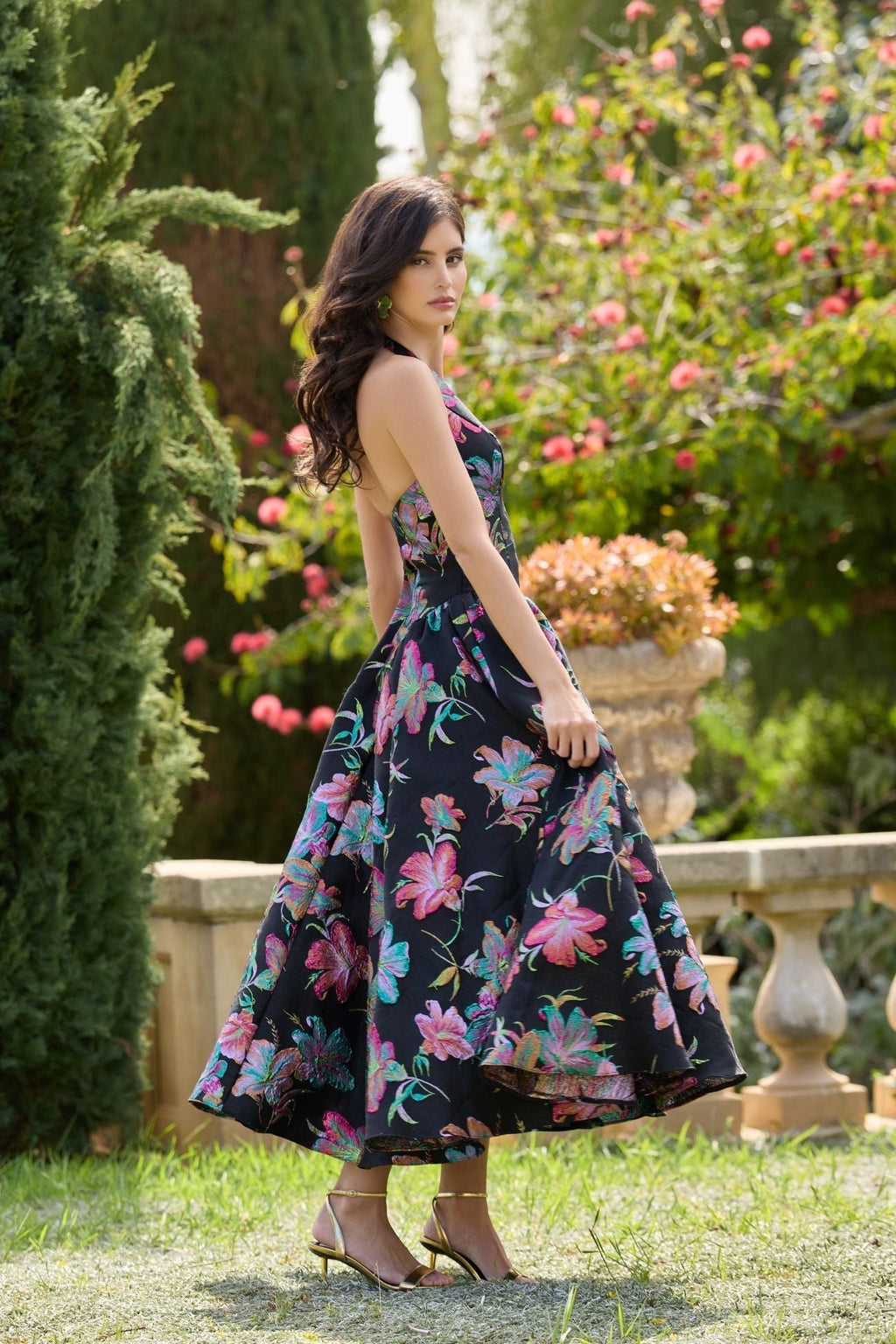 Black Brocade Halter Neck Open Back Midi Dress