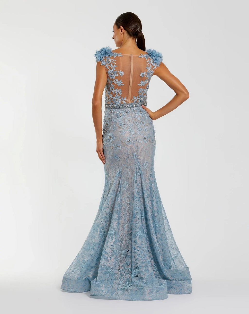 Powder Blue Embellished Lace Illusion Neck Gown With 3D Flowers