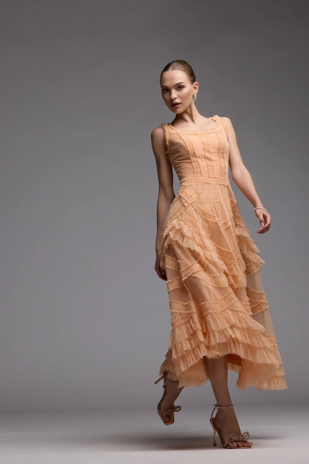 Peach Scoop Neck Sleeveless Micro Ruffle Midi Dress
