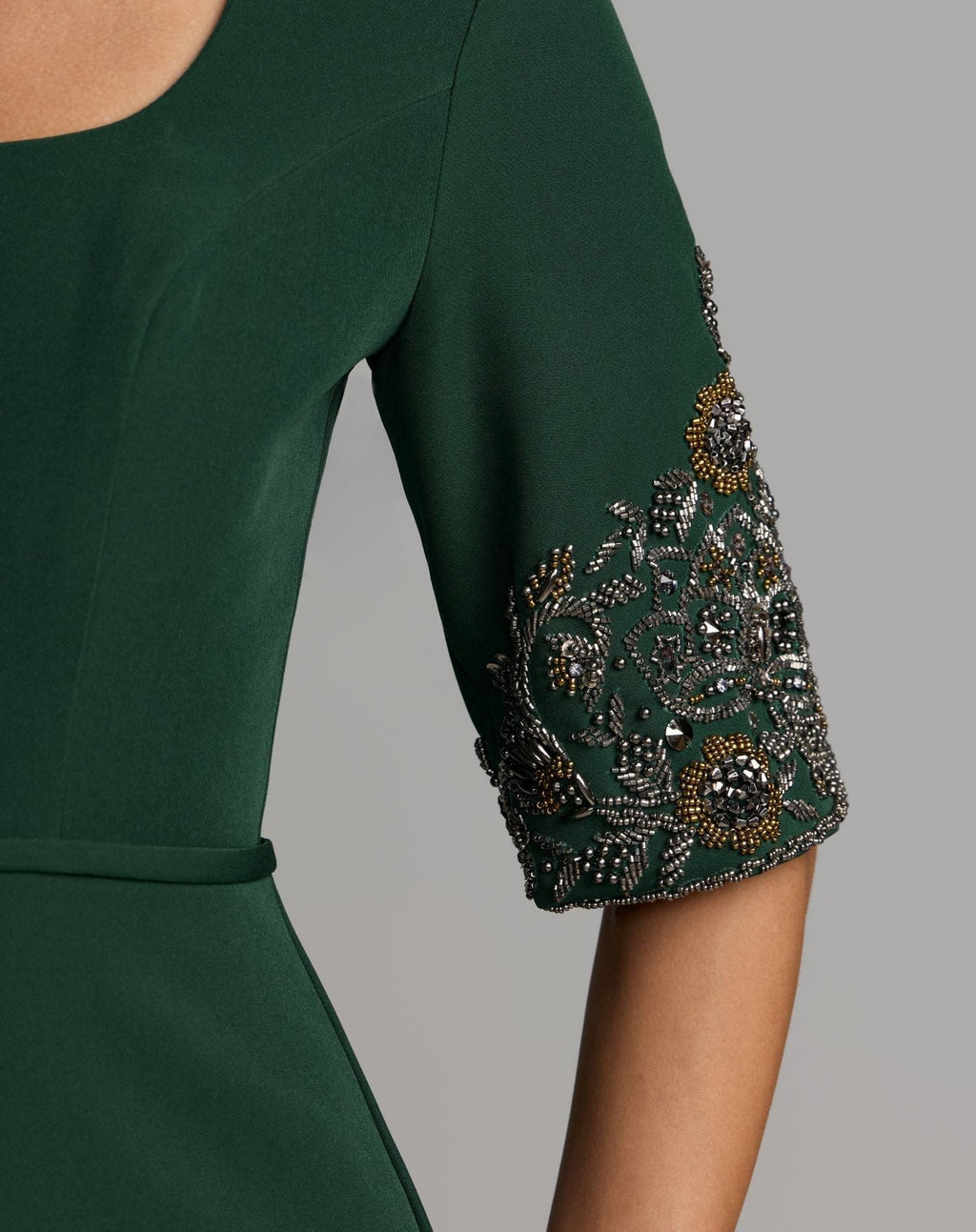 Deep Green Scoop Neck Beaded Sleeve Crepe Gown