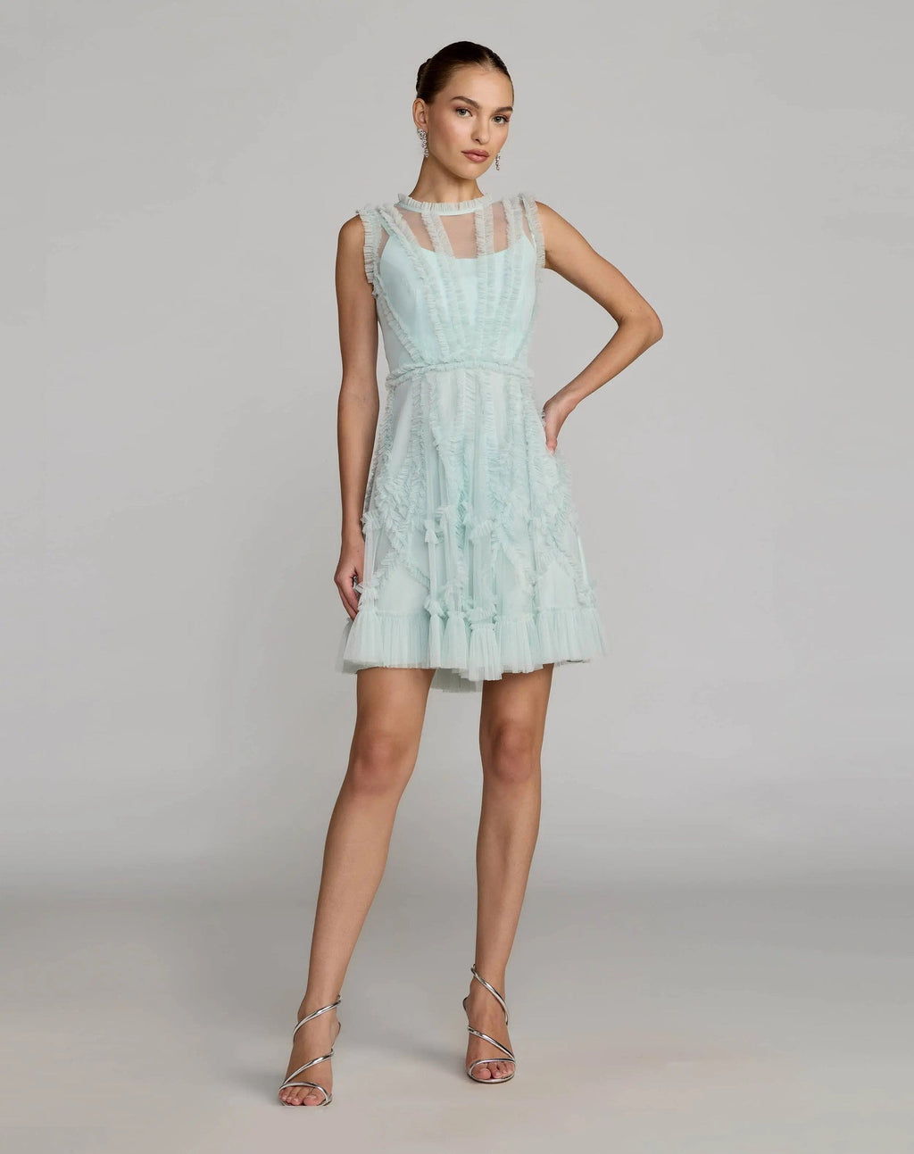 Aqua High Neck Sleeveless Micro Ruffle Mini Dress