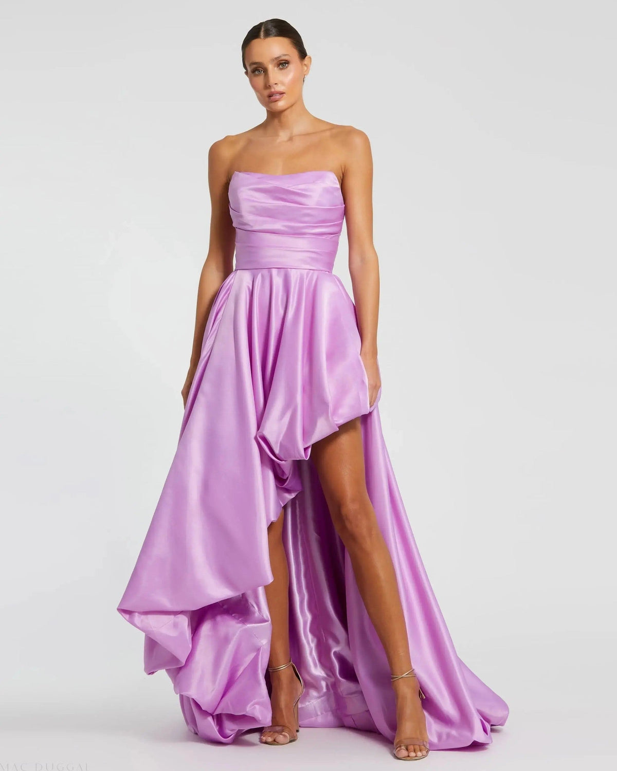 Purple Strapless Ruched High Low Gown