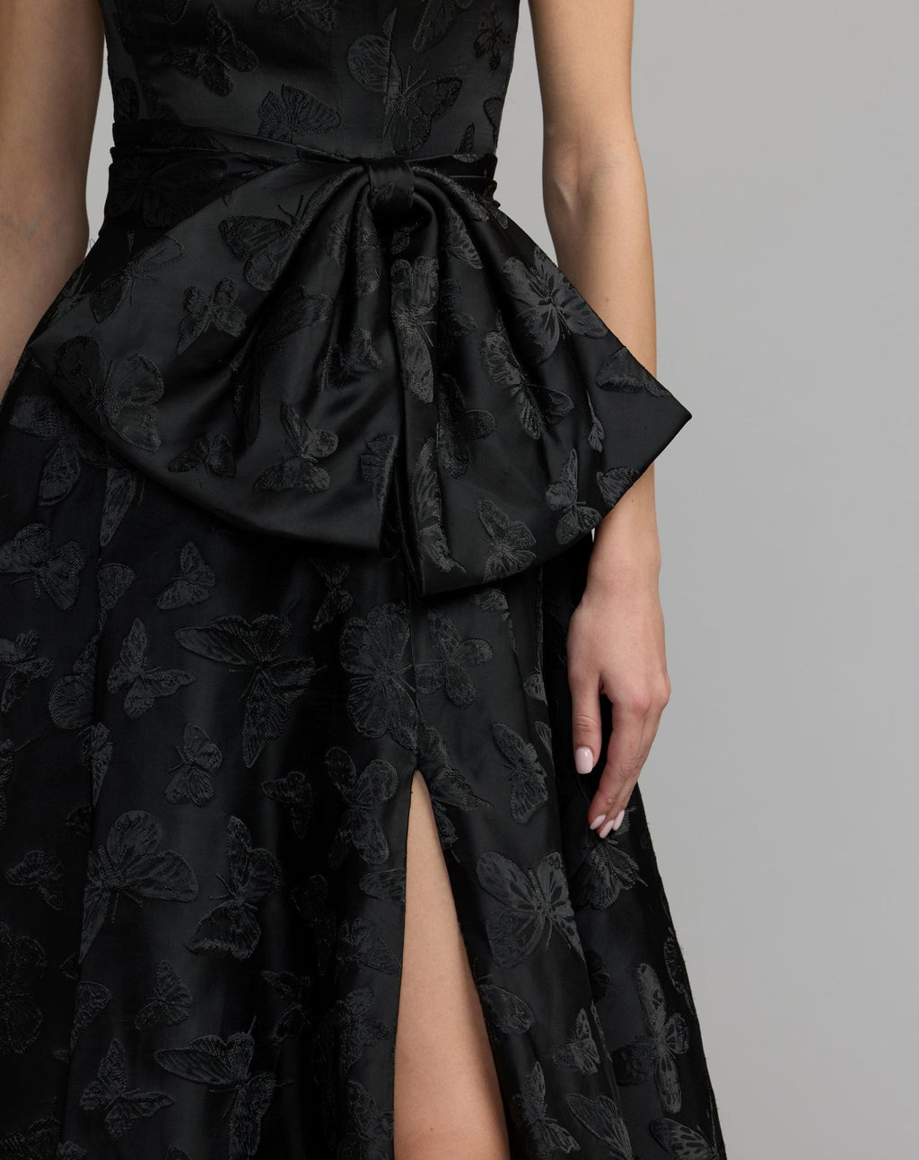 Black Strapless Brocade A-Line Gown With Bow