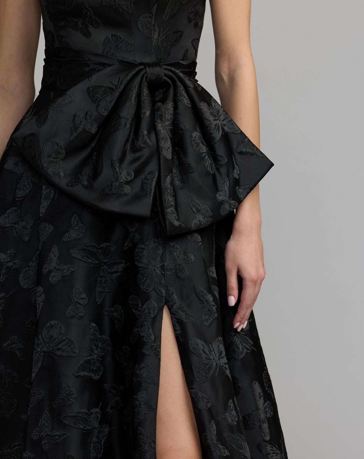 Black Strapless Brocade A-Line Gown With Bow