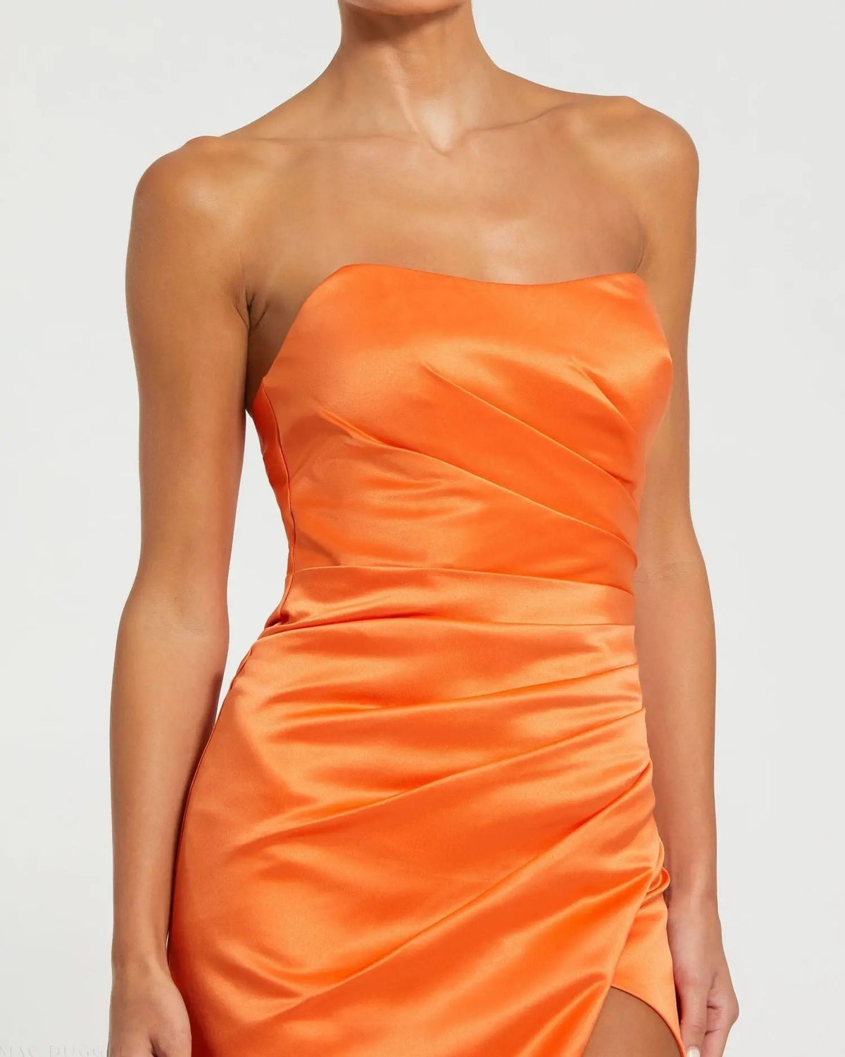 Sherbet Strapless Satin Gown With Slit