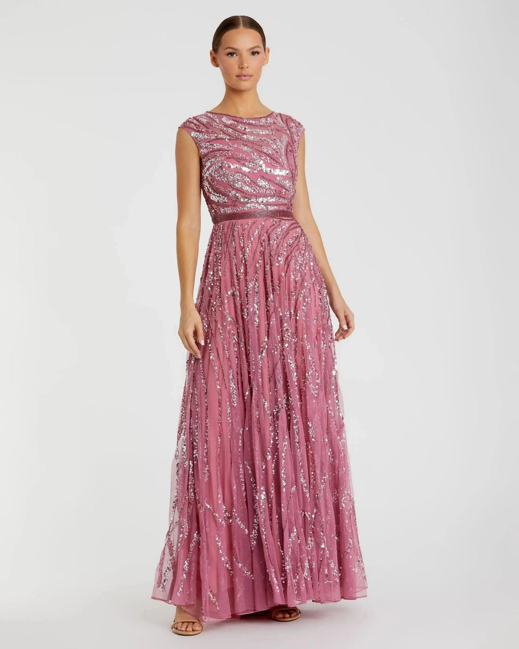 Plum Cap Sleeve Embellished Evening Gown