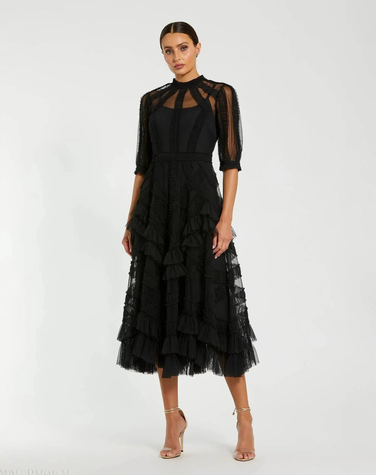 Black High Neck Ruffle Tiered A-Line Midi Dress