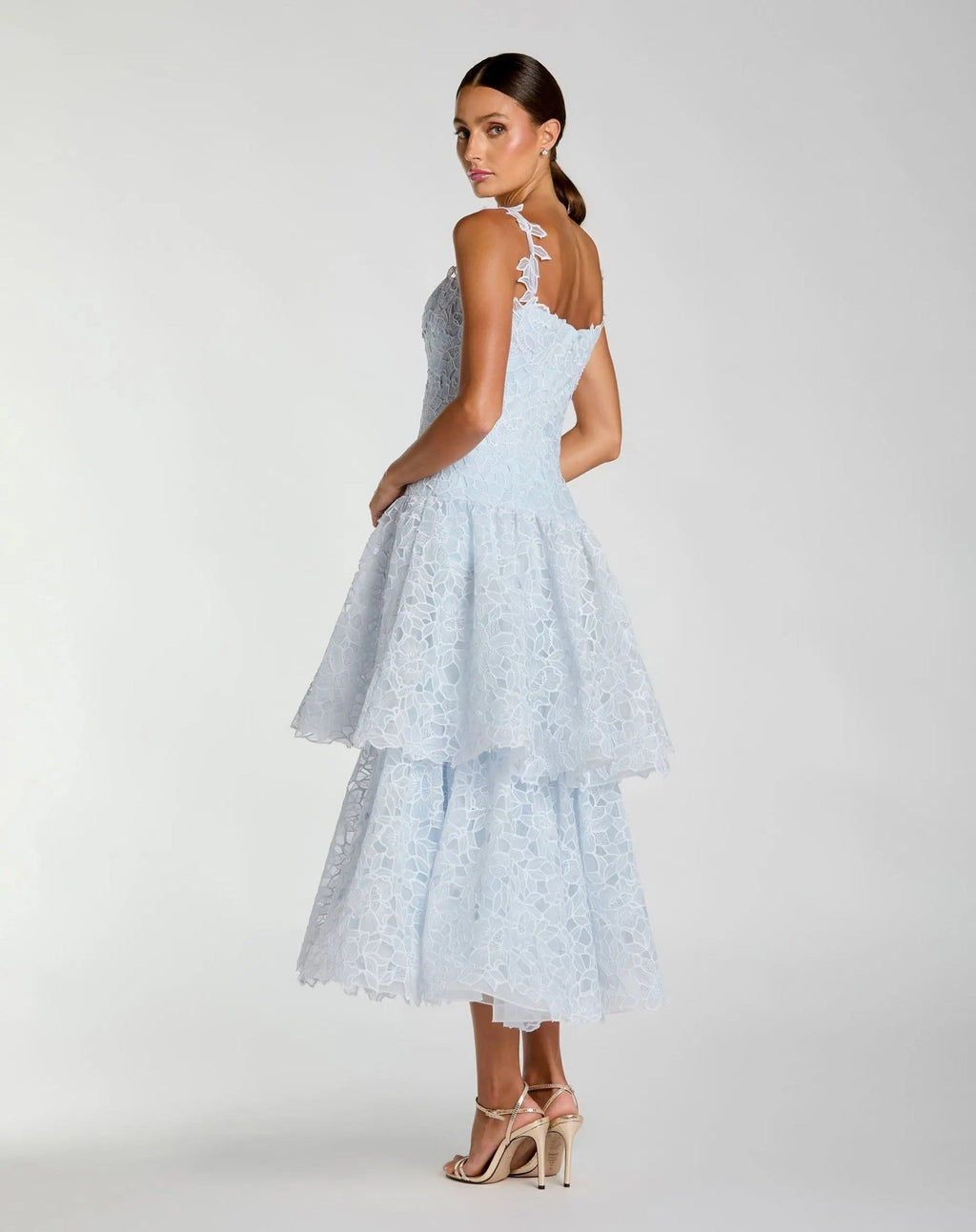 Petite Powder Blue Sleeveless Embroidered Lace Tiered Midi Dress