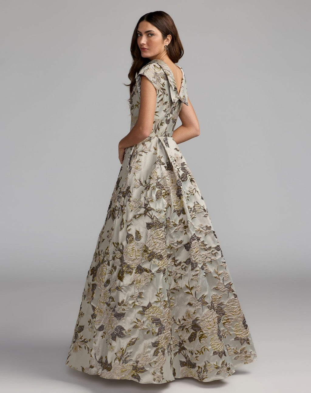 Silver Floral Brocade Cap Sleeve Ball Gown