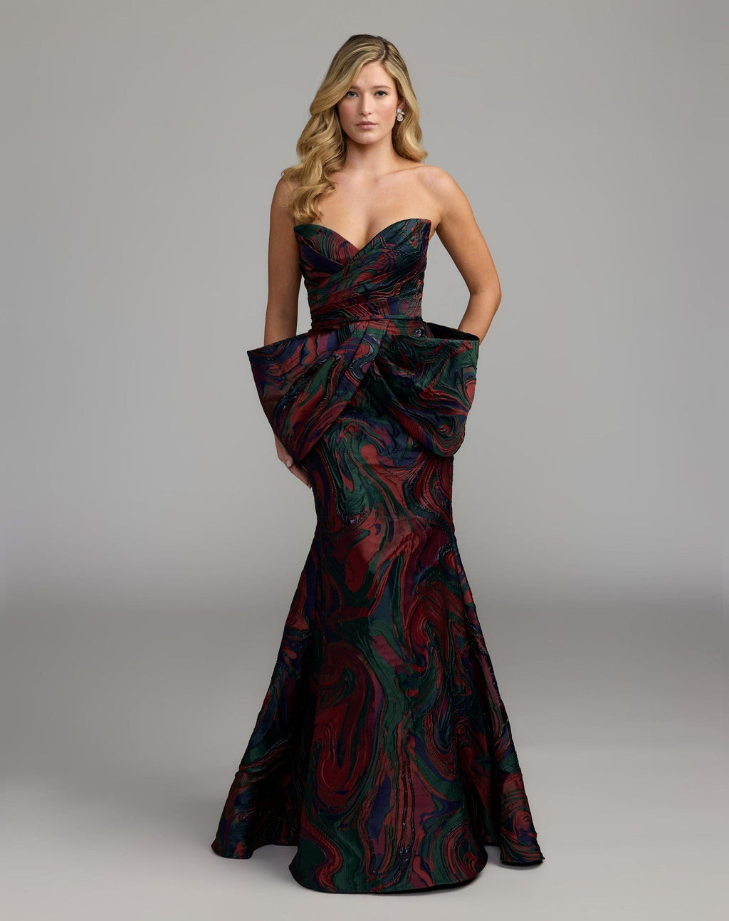 Multi Swirl Strapless Brocade Mermaid Gown With Bow Detail