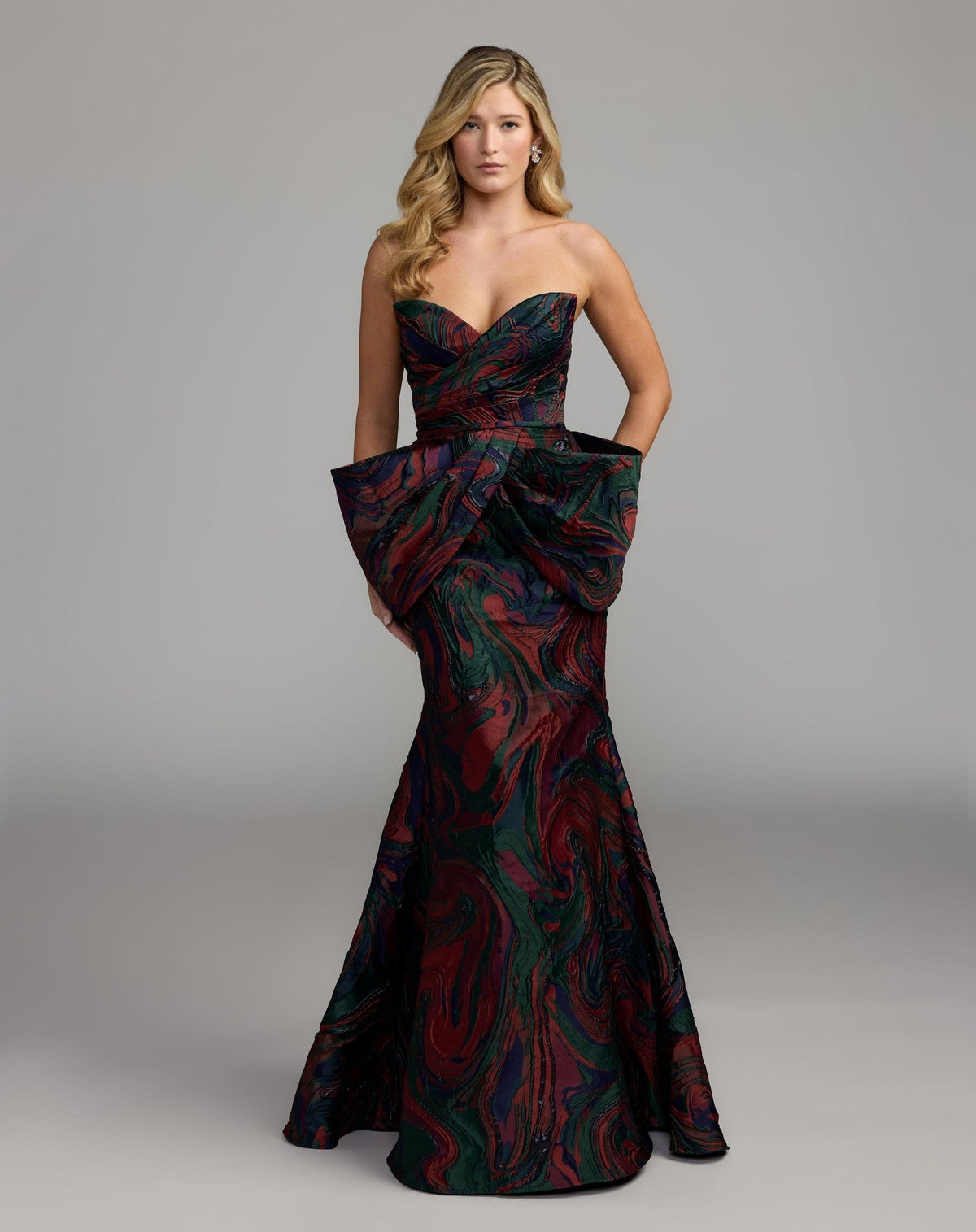 Multi Swirl Strapless Brocade Mermaid Gown With Bow Detail