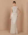 Cream Nude Draped Pearl Embellished Column Gown