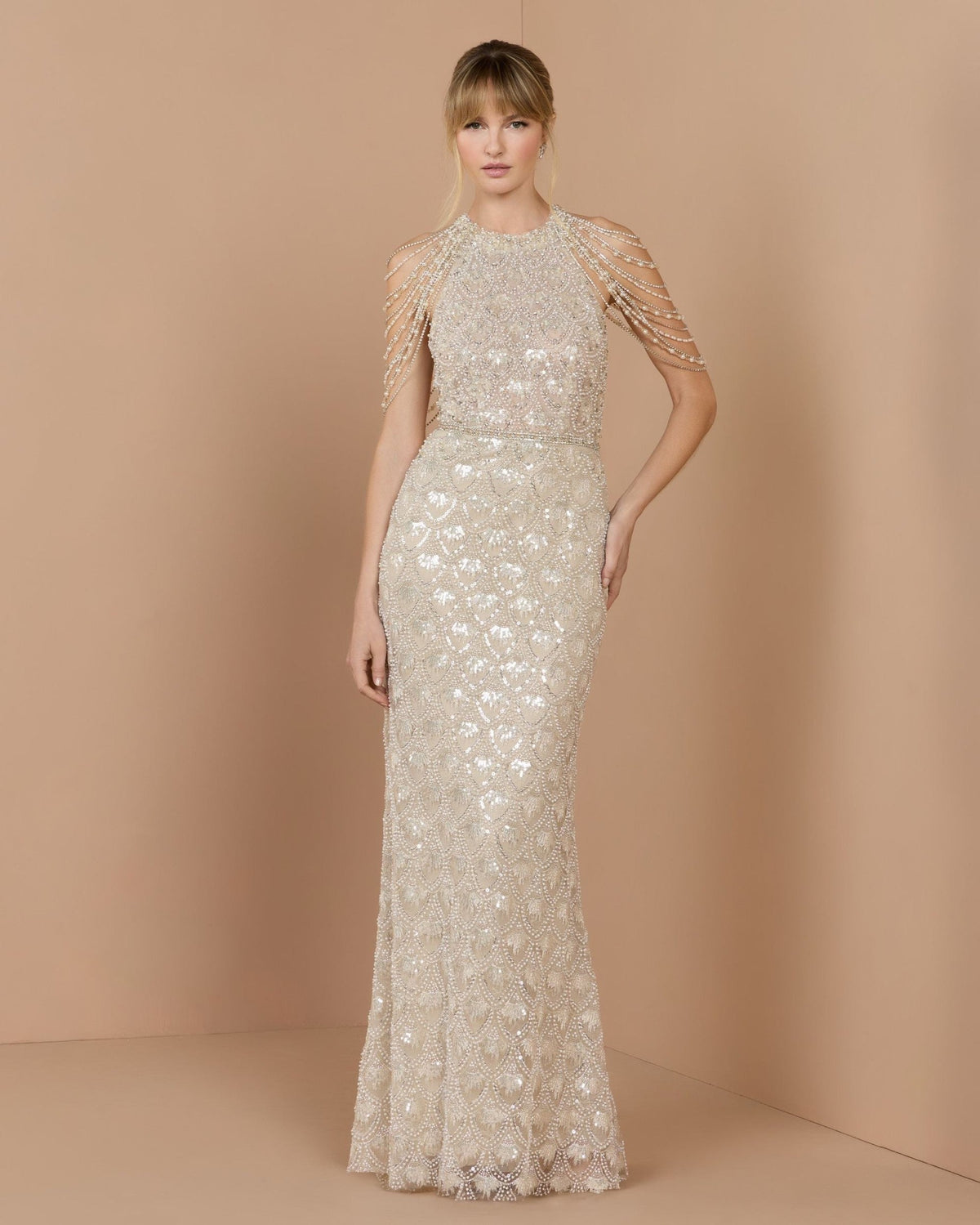 Cream Nude Draped Pearl Embellished Column Gown