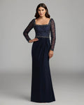 Midnight Embellished Illusion Long Sleeve Column Gown