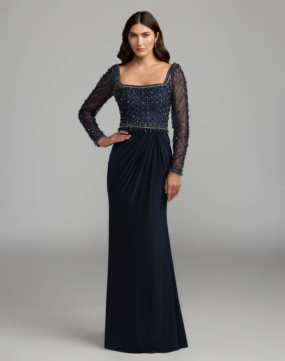 Midnight Embellished Illusion Long Sleeve Column Gown