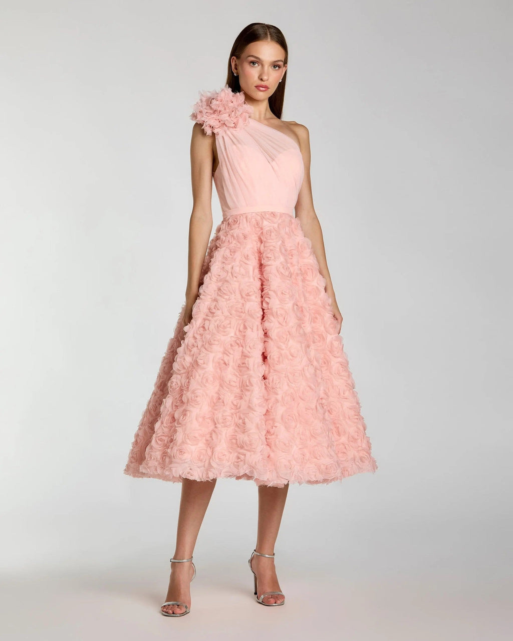 Blush One Shoulder 3D Floral Rosette Midi Dress