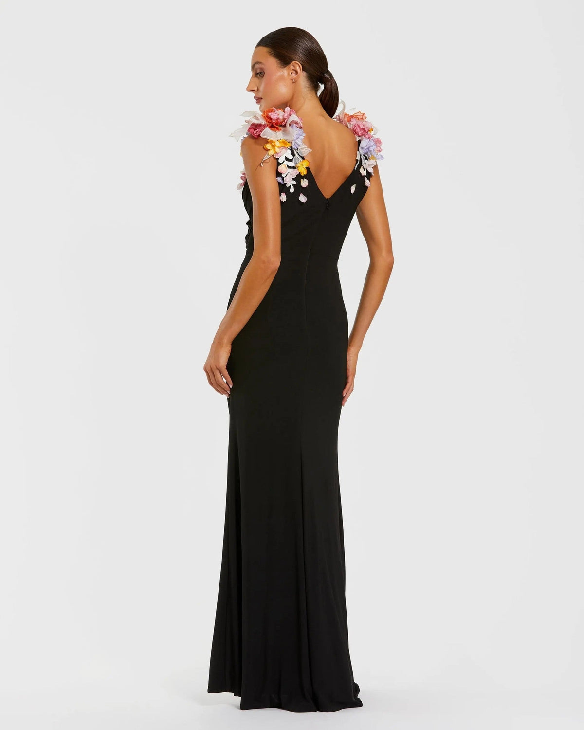 Black Multi Jersey V-Neck Gown With 3D Flowers