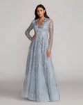 Blue Embroidered V-Neck Long Sleeve Gown