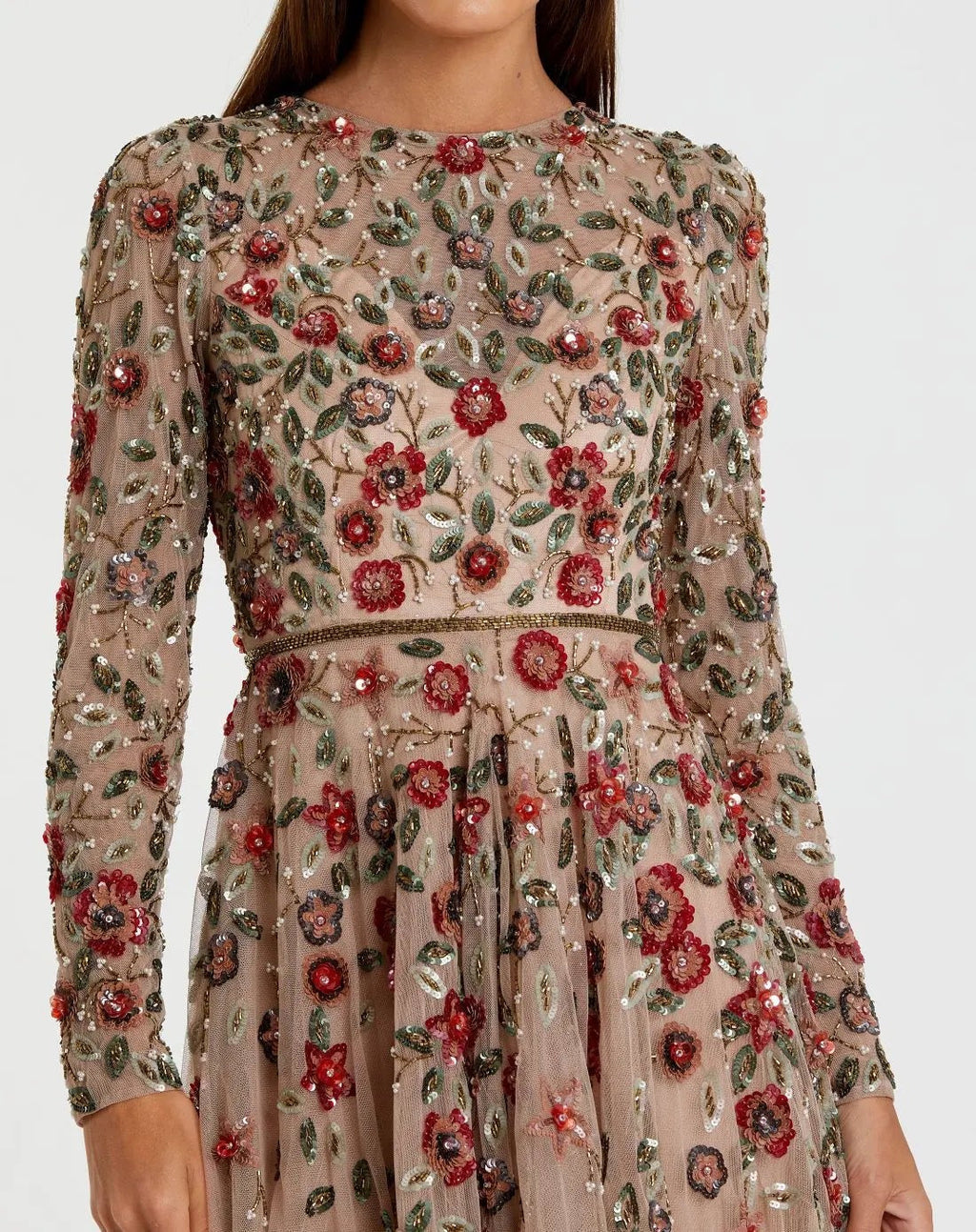 Antique Rose Embellished High Neck Long Sleeve A Line Gown