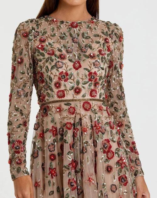 Antique Rose Embellished High Neck Long Sleeve A Line Gown