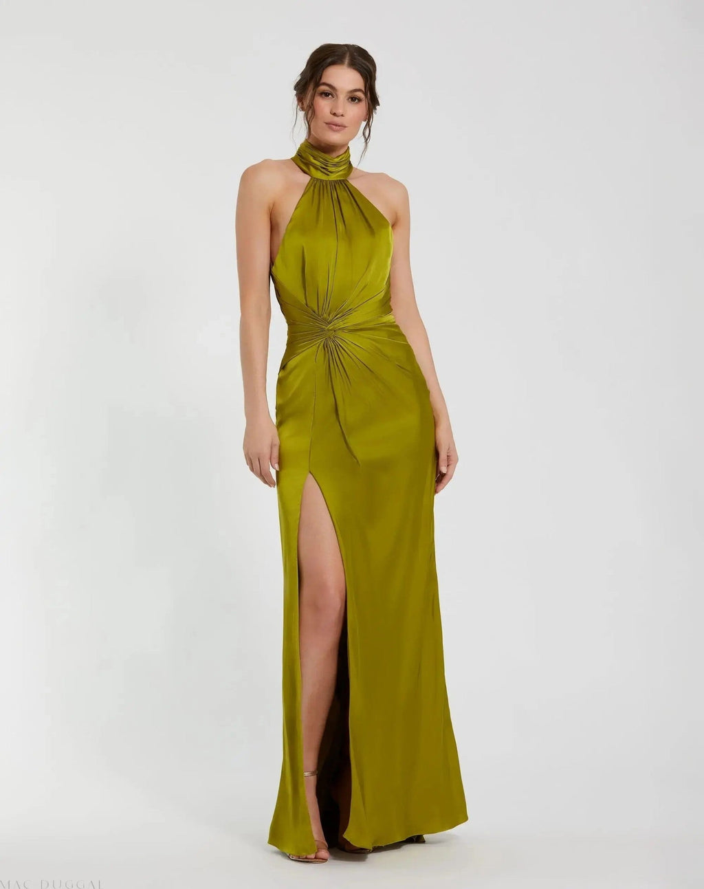 Olive Sleeveless Open Back Satin Gown