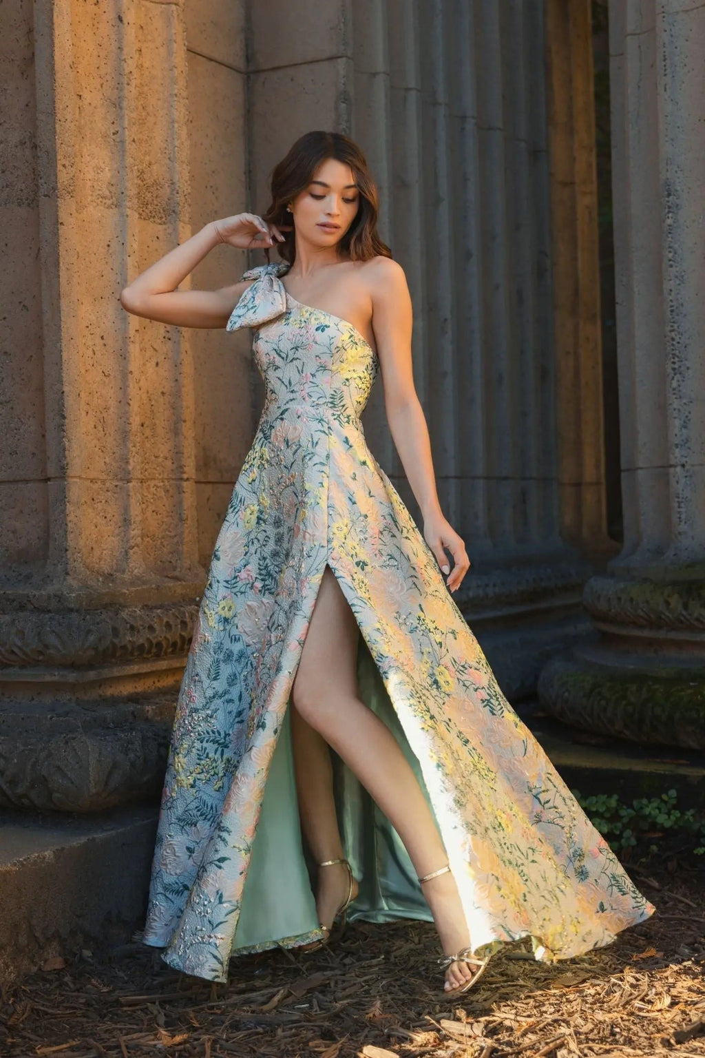Multicolor One Shoulder Brocade Floral Gown With Bow