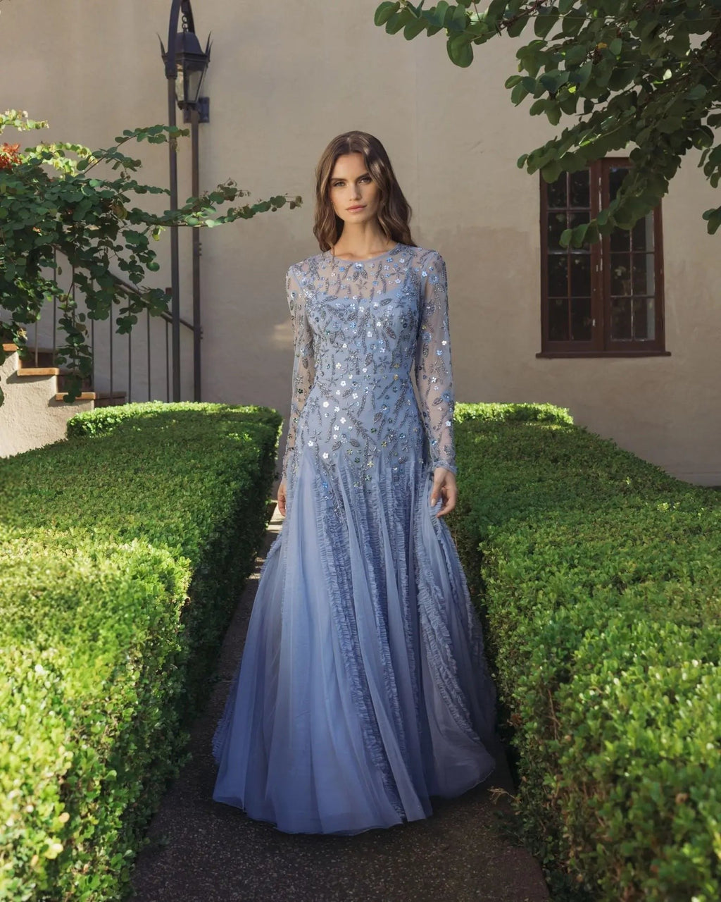 Slate Blue Embellished Long Sleeve Drop Waist Gown