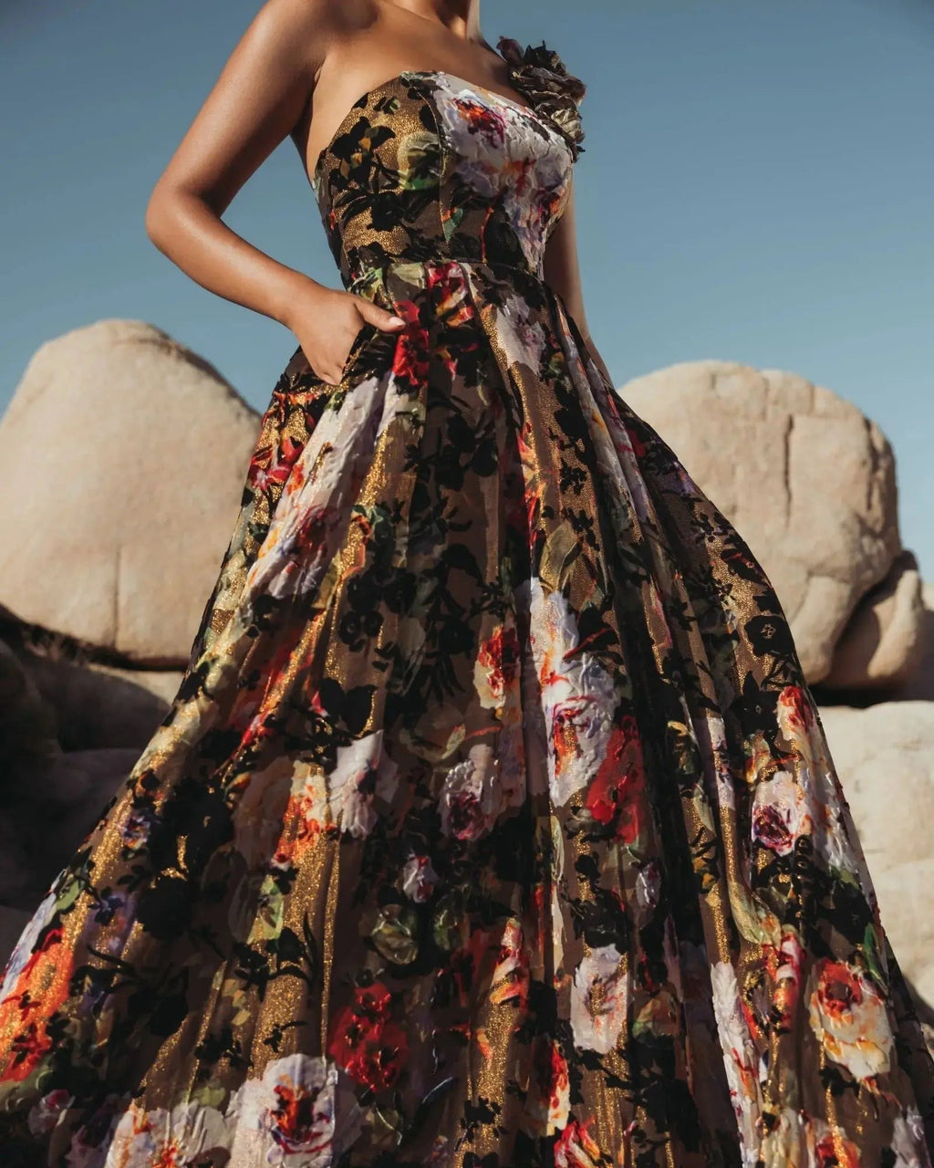 Black Multi Floral Velvet Ball Gown With Pockets